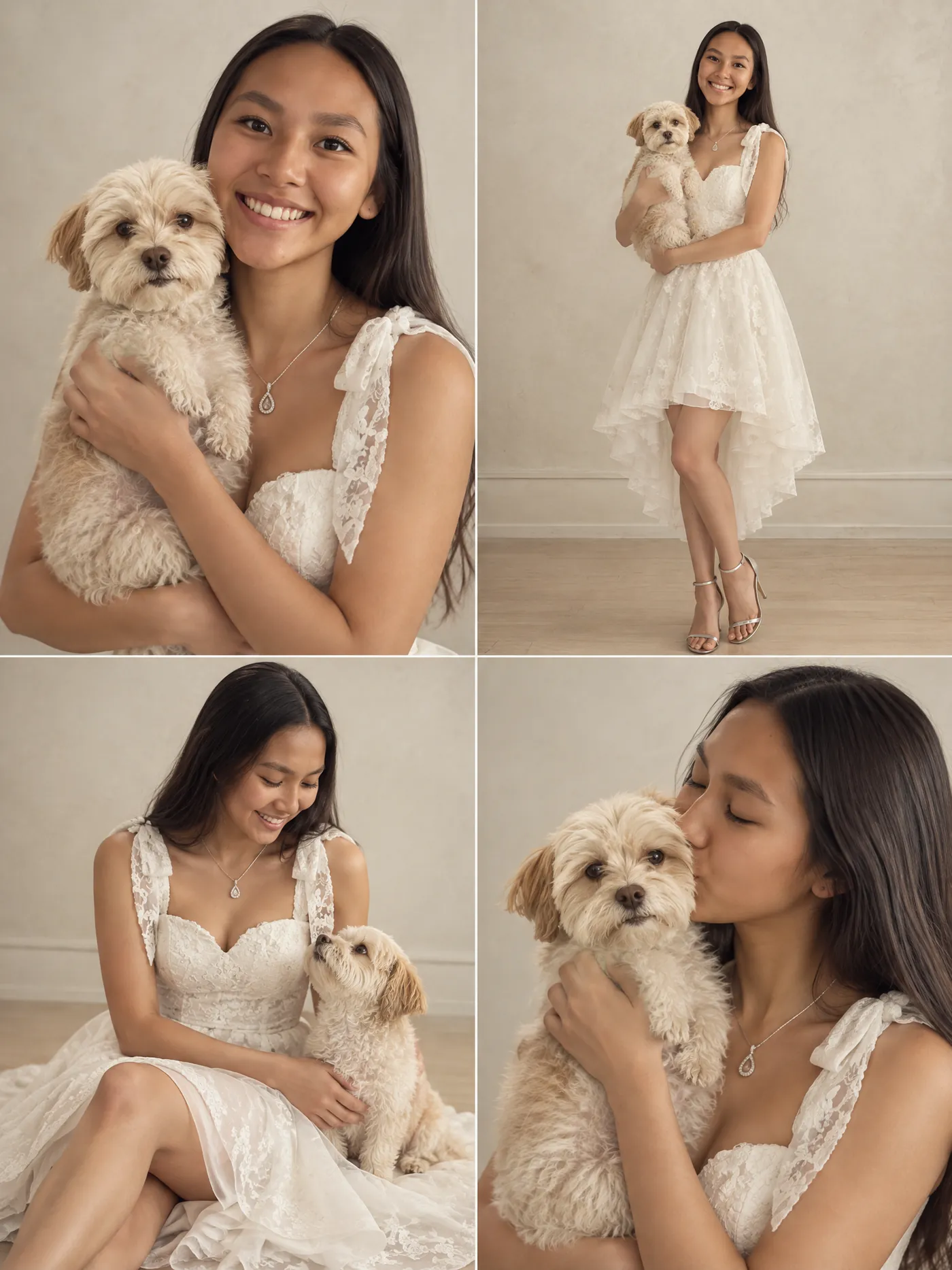 Four frames from one pet portrait session: a young woman in a white lace dress with her fluffy cream dog