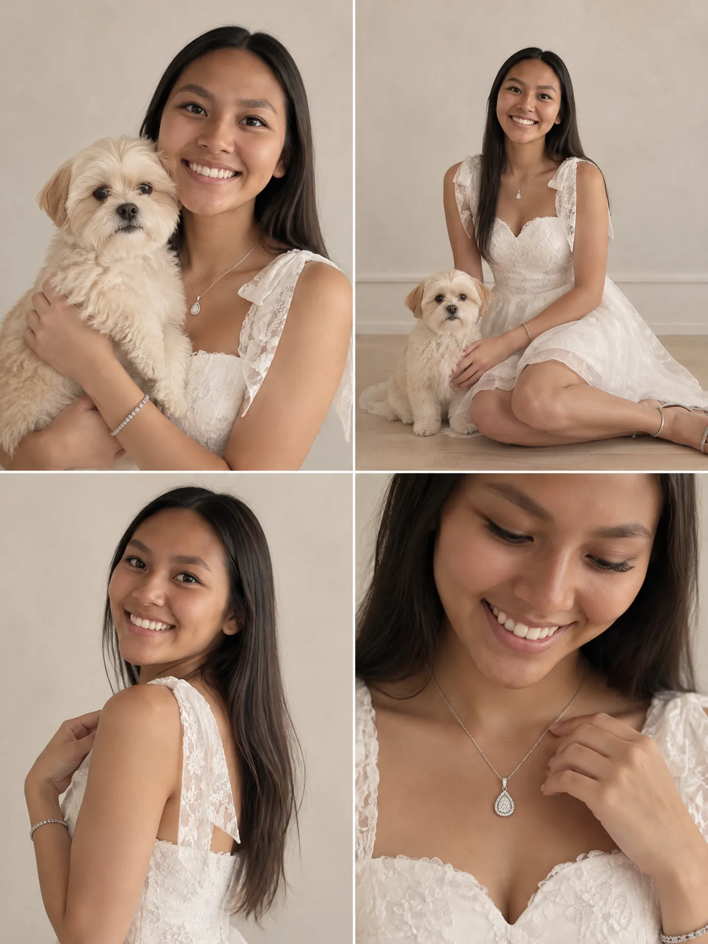 Four more frames from the same session, including solo portraits and a pendant necklace detail