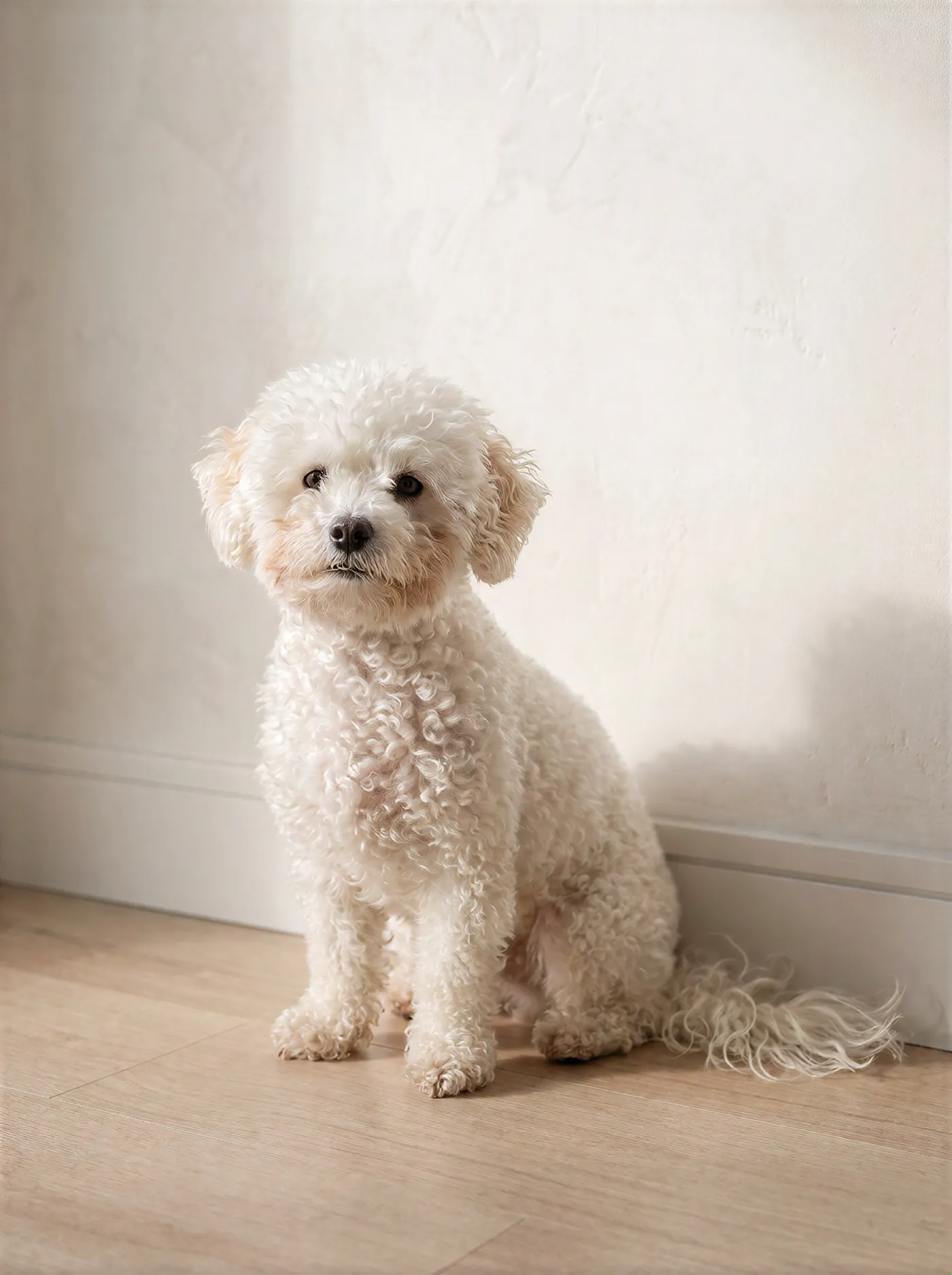 White curly-coated dog sitting alone against a sunlit plaster wall