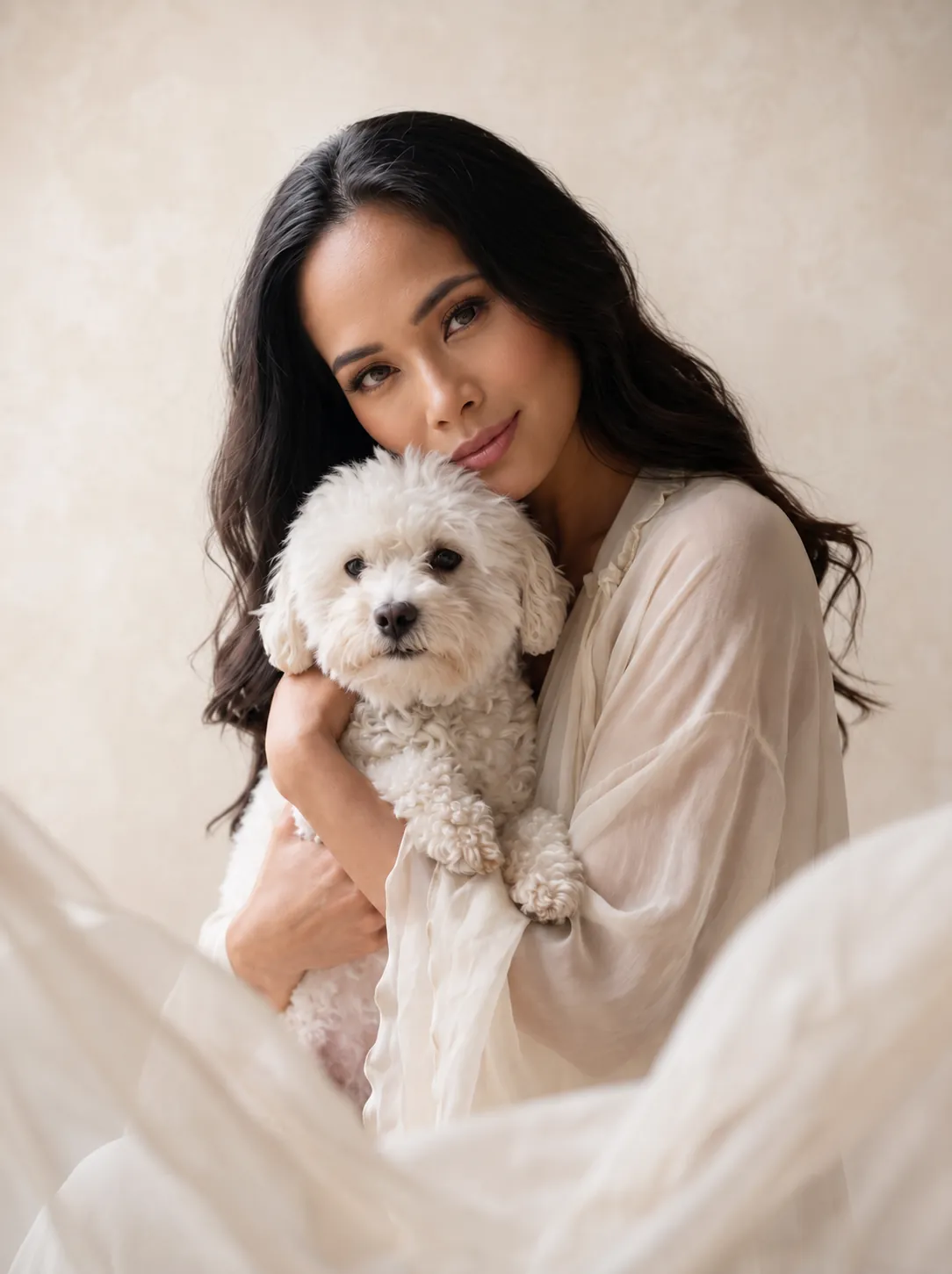Woman in a sheer cream blouse cuddling her white dog cheek to cheek